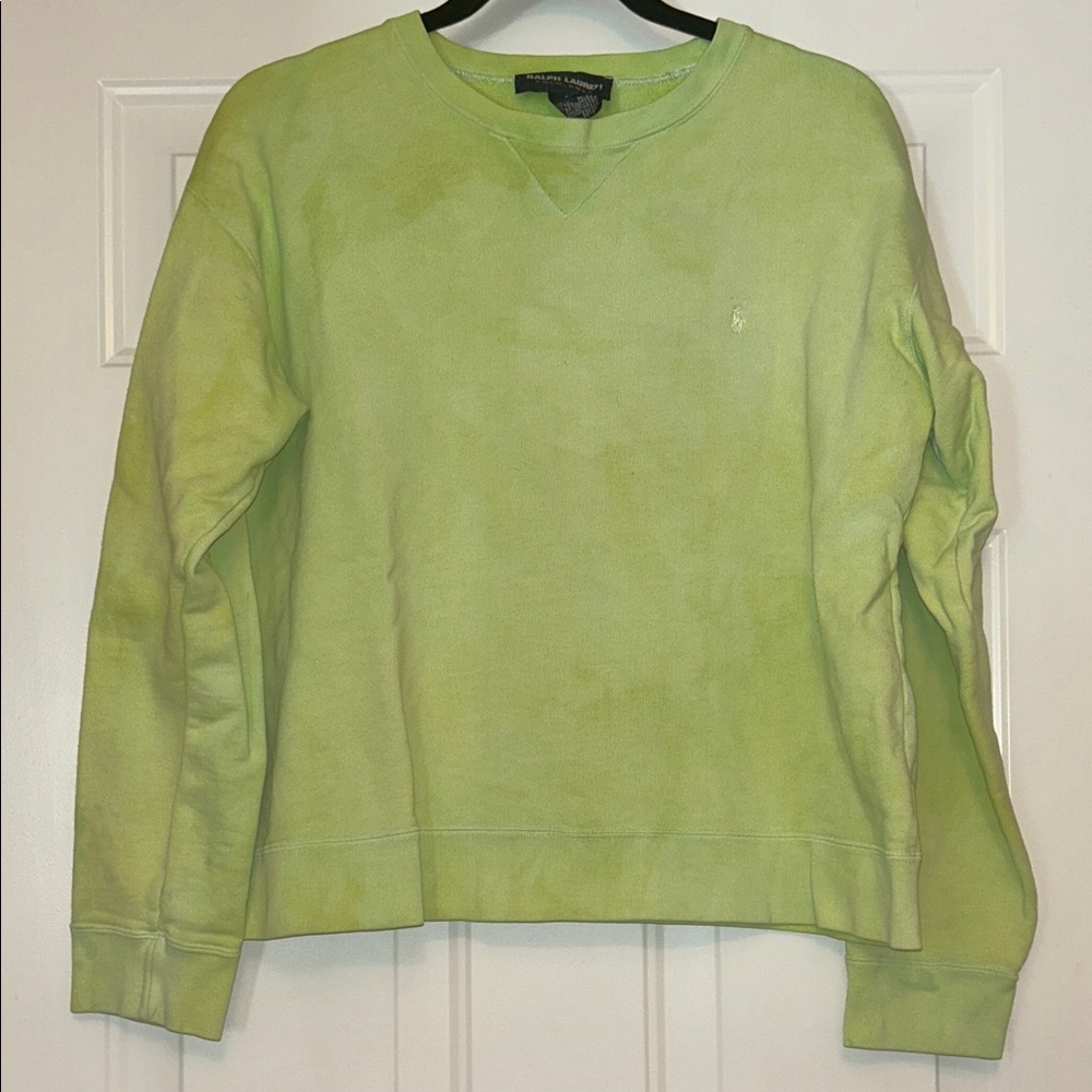 Ralph Lauren Women's Cotton Sweatshirt L Green Tye Dye Bleach Crop Crew Upcycle
